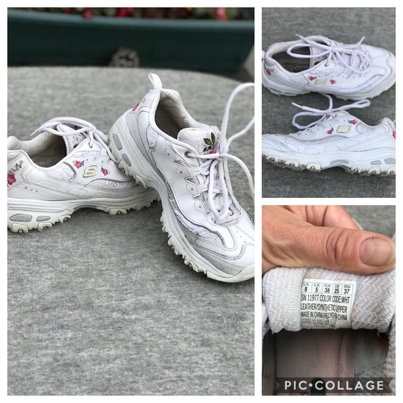 white skechers with flowers